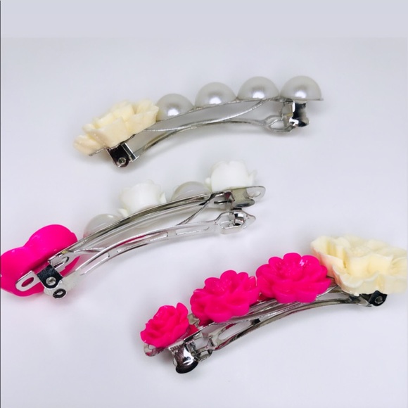 ♡ 2 for 20$ ♡Pink Pearl Flower Hair Barrette Clips - Picture 6 of 7